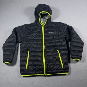 Eddie Bauer Reversible Hooded Puffer Jacket Kids L 14/16 Black Gray Down Warm